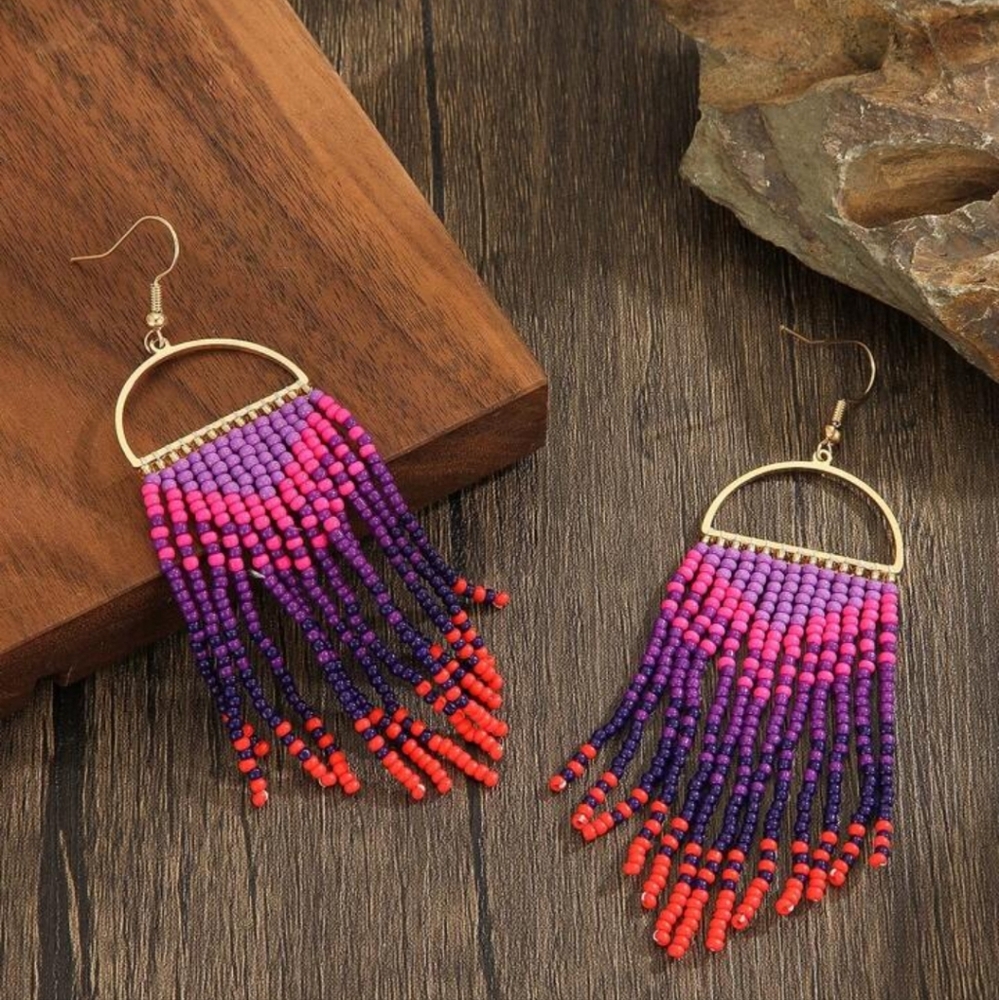 Colorful Beaded Fringe Earrings NWT